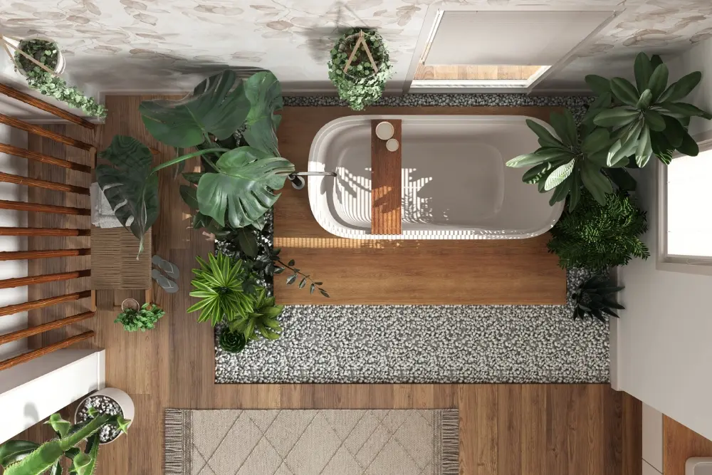 plano cenital baño con estilo de diseño biofílico